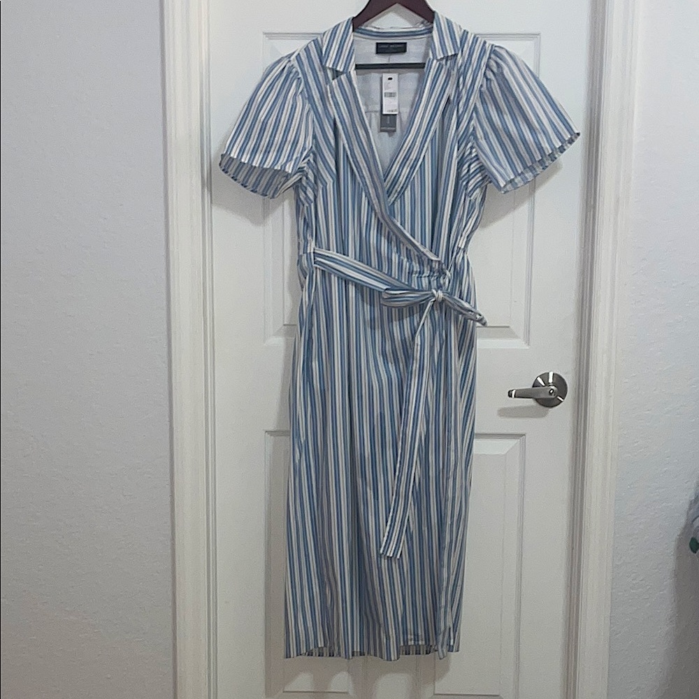 Lane Bryant Blue Midi Wrap Dress with Puff Sleeves and V-Neck